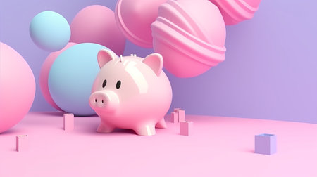 Pink piggy bank with pink and blue geometric shapes. 3d renderの素材