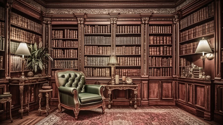 Luxury interior of a library. 3D illustration. Vintage style.の素材