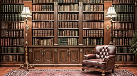 Classical library interior with armchair and bookshelves. 3D renderingの素材