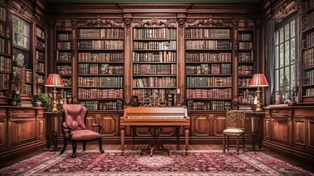 Classical library interior with bookshelf and chair. 3d renderingの素材