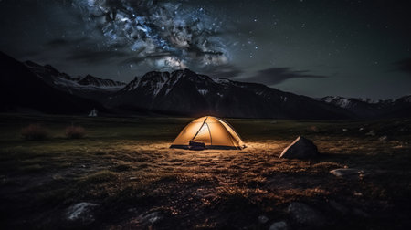 Night camping in the mountains. The tent on the background of the starry sky.の素材