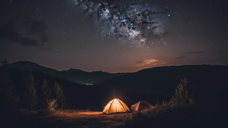 Night camping in the mountains with a tent and a milky wayの素材