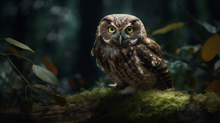 Beautiful owl sitting on a mossy branch in the forest.の素材