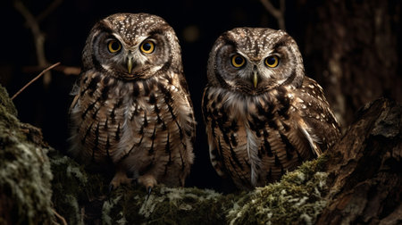 Two owls sitting on a tree branch in the dark forest.の素材