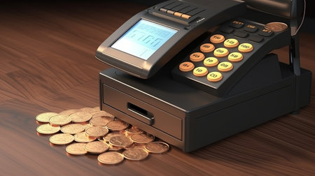 Cash register machine with coins on wooden table. 3d illustration.の素材