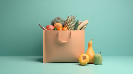 Shopping bag with fresh fruits and vegetables on pastel green backgroundの素材