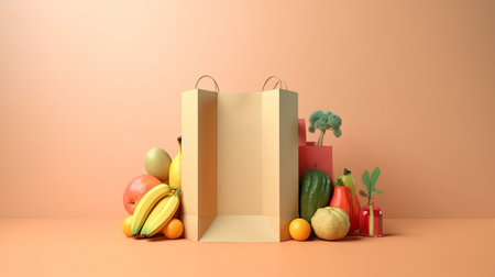 Paper shopping bag with fruits and vegetables on orange background. 3d renderingの素材
