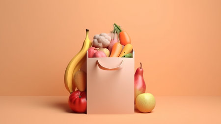 Shopping bag with fruits and vegetables on orange background. 3d renderingの素材