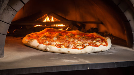 pizza in the oven on a wooden table in the restaurant kitchenの素材