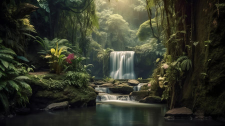 Beautiful waterfall in tropical garden. Nature and environment concept background.の素材