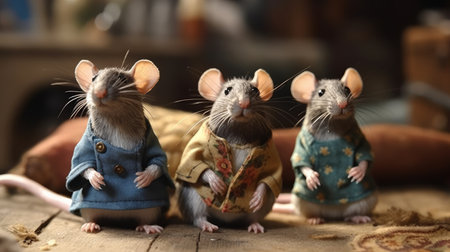 Three gray rats in a blue jacket on a wooden table in the kitchenの素材