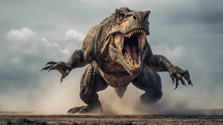Tyrannosaurus rex running in the desert. 3d renderingの素材