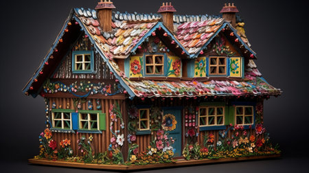 Cute wooden house with floral pattern on a black background. 3d renderingの素材