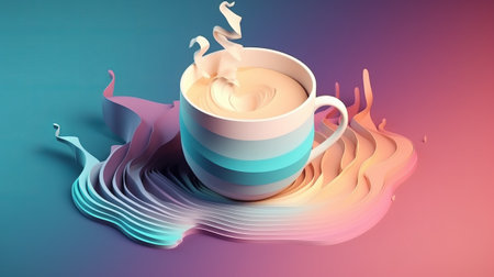 Coffee cup with cream on colorful background. 3d illustrationの素材