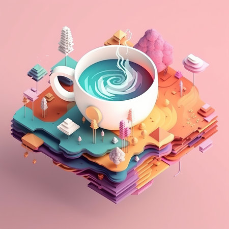 Coffee cup on colorful isometric background. 3d illustrationの素材