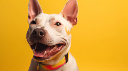 Portrait of a dog on a yellow background. The dog is smiling.の素材