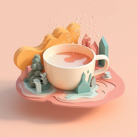 Cup of coffee on a pink background. 3D illustration.の素材