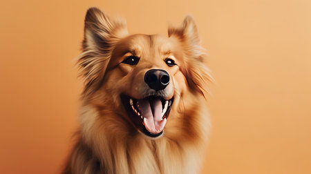 Portrait of a happy dog on an orange background. studio shot.の素材