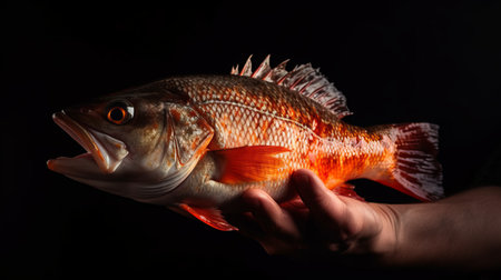 red sea bass on a black background in the hands of a fishermanの素材