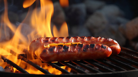 Grilled sausages on barbecue grill, closeup. bbq partyの素材