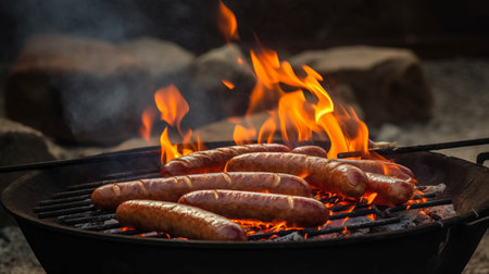 Grilling sausages on a barbecue grill with fire and smokeの素材