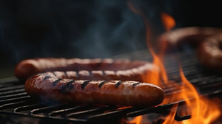 Grilling sausages on barbecue grill with flames, closeupの素材