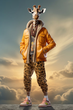 Fashionable giraffe wearing a jacket and leggings posing in the sunsetの素材