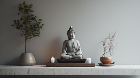 Buddha statue with candles and plant on white marble countertopの素材