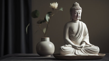 Buddha statue with flower and vase on table in roomの素材