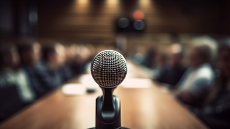 Microphone in conference hall or seminar room, business and education conceptの素材