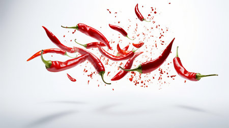 Red hot chili peppers flying on a white background, 3d renderingの素材