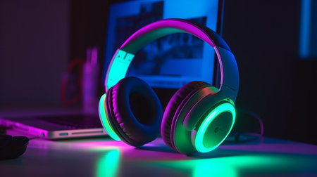 Headphones and laptop on table in dark room. Neon light.の素材