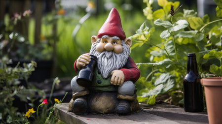 Garden gnome with a bottle of wine sitting in the gardenの素材