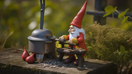 Garden gnome with pot and grinder in the garden.の素材