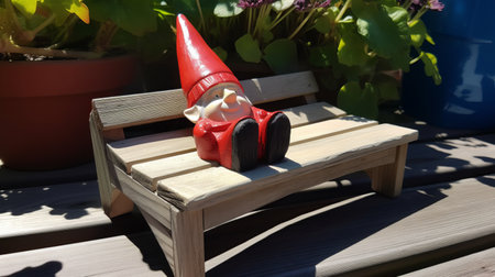 Wooden chair in the garden with a red hat and a red noseの素材