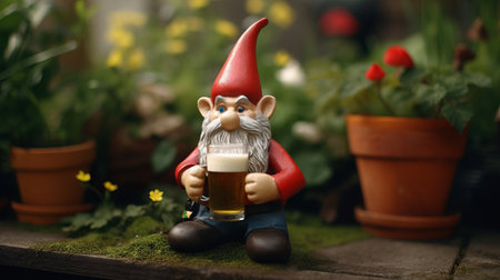 Cute little gnome with a mug of beer in the garden.の素材