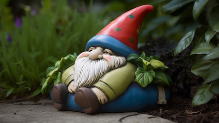 Garden gnome sitting on a flower bed with green plants.の素材