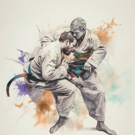 Two judo fighters in kimono fighting against each other on a white backgroundの素材