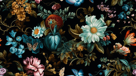 Seamless floral pattern with colorful flowers and butterflies on black backgroundの素材