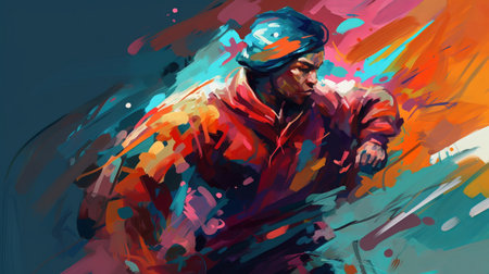 Digital painting of a man wearing a helmet in front of a colored backgroundの素材