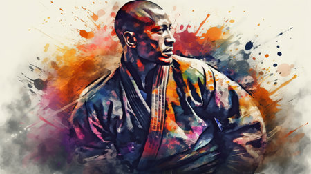 African american man in kimono on colorful watercolor background.の素材