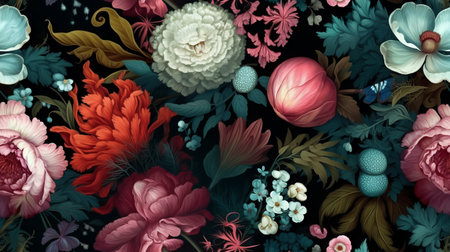 Seamless floral pattern with colorful flowers and leaves on black backgroundの素材