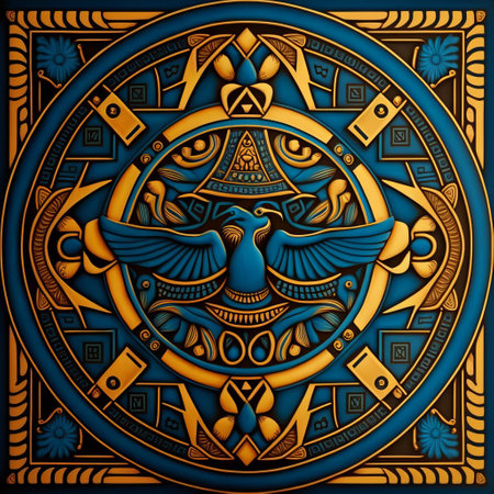Ornament in the form of a circle with a bird on a blue backgroundの素材