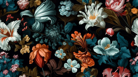 Seamless floral pattern with colorful flowers and leaves on black backgroundの素材