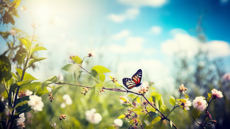 Butterfly on the flower in the meadow. Spring nature background.の素材