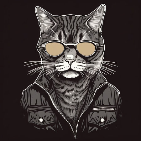 Cat wearing leather jacket and sunglasses. Hand drawn illustration. Vector.の素材