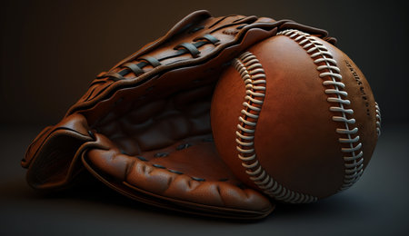 3D rendering of a baseball and glove on a dark background.の素材