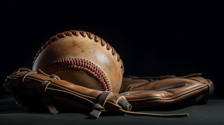 Baseball glove and ball on a dark background with copy space.の素材