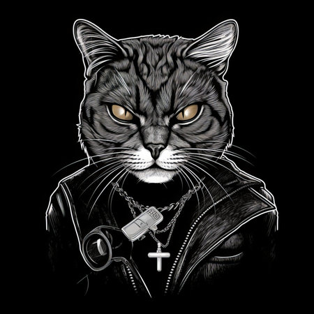 Cat in leather jacket with handcuffs and cross. Hand drawn illustration.の素材