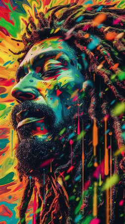 Portrait of a man with dreadlocks. Colorful background.の素材
